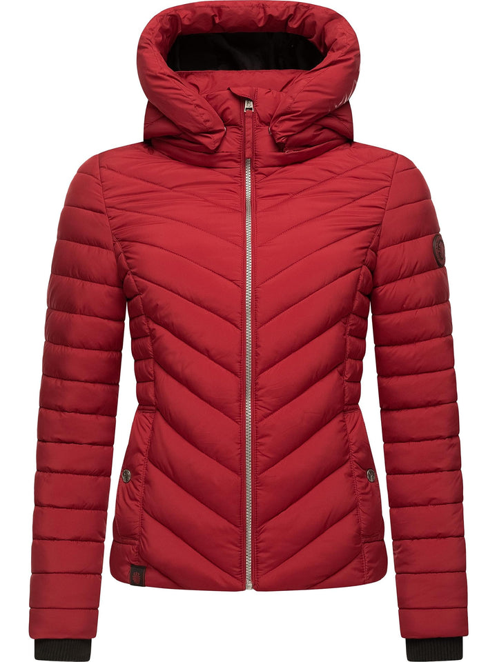 MARIKOO Damen Übergangsjacke leichte Steppjacke kurz mit Abnehmbarer Kapuze Kagomee XS-XXL S Dark Re