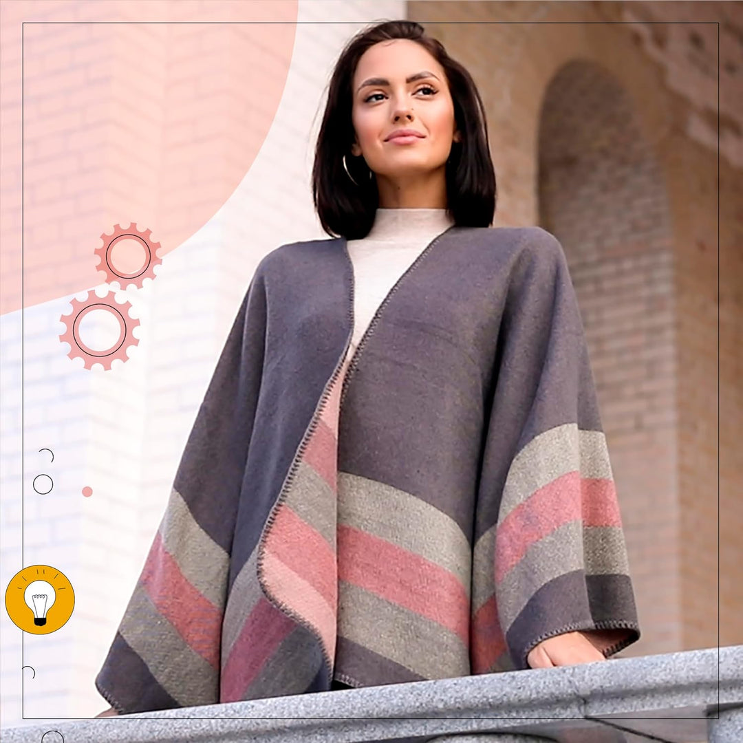 Shmily Girl - Damen Poncho Habe Gestrickt Überdimensionalen Decke Kap-Schal Streifen / Grau, Streife