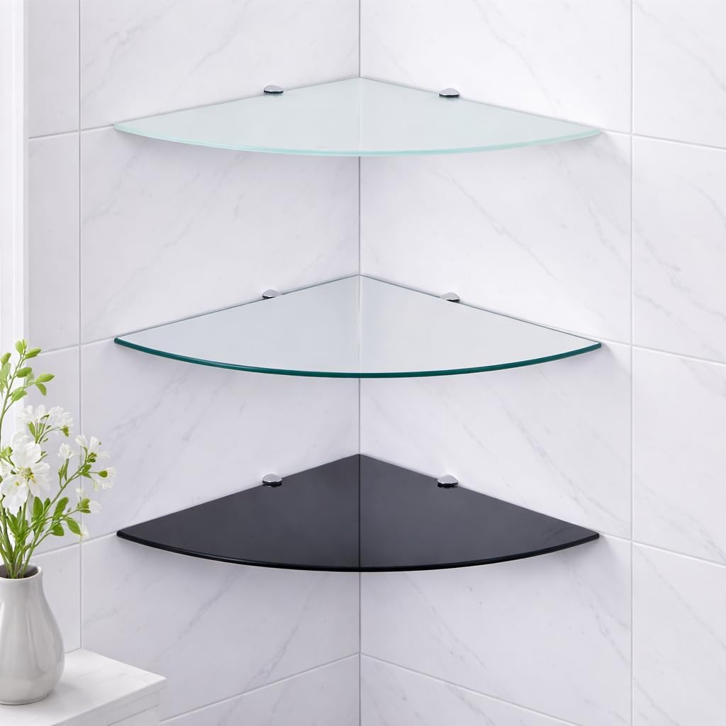 Euro Tische Glas Eckregal 25x25cm, Wandregal für Badezimmer, Duschregal Bad, Glas Badregal mit 6mm E