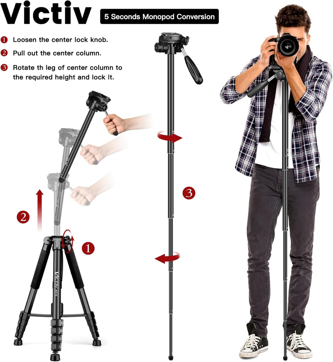 Victiv stativ Kamera 182 cm Aluminium Kamerastativ Einbeinstativ T72 Tripod- Leicht und Kompakt Reis