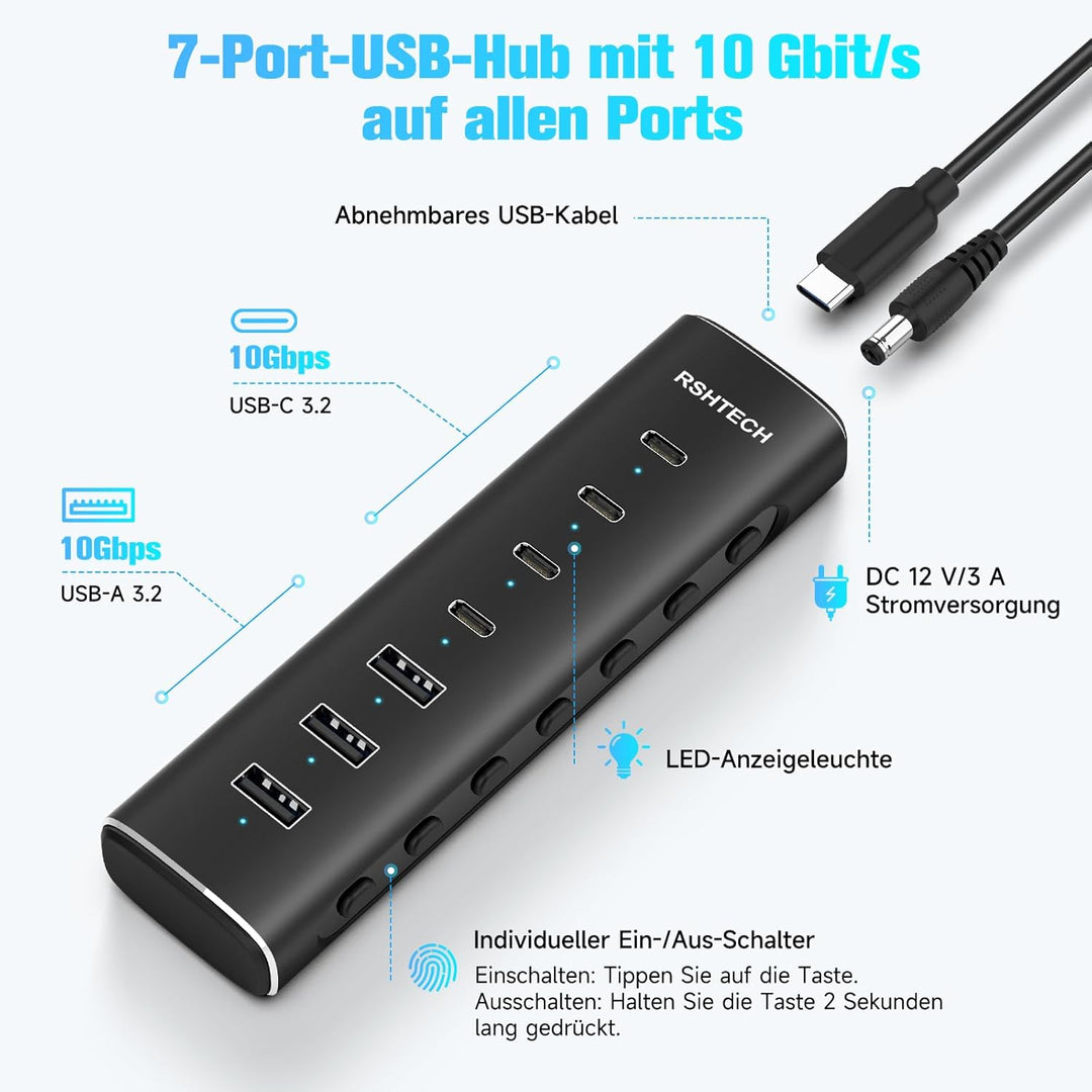 RSHTECH Alle 7 Anschlüsse sind USB-C Hub 3.2 mit Netzteil - Aktiver Verteiler 3.1 - Aktiv Schaltbaer