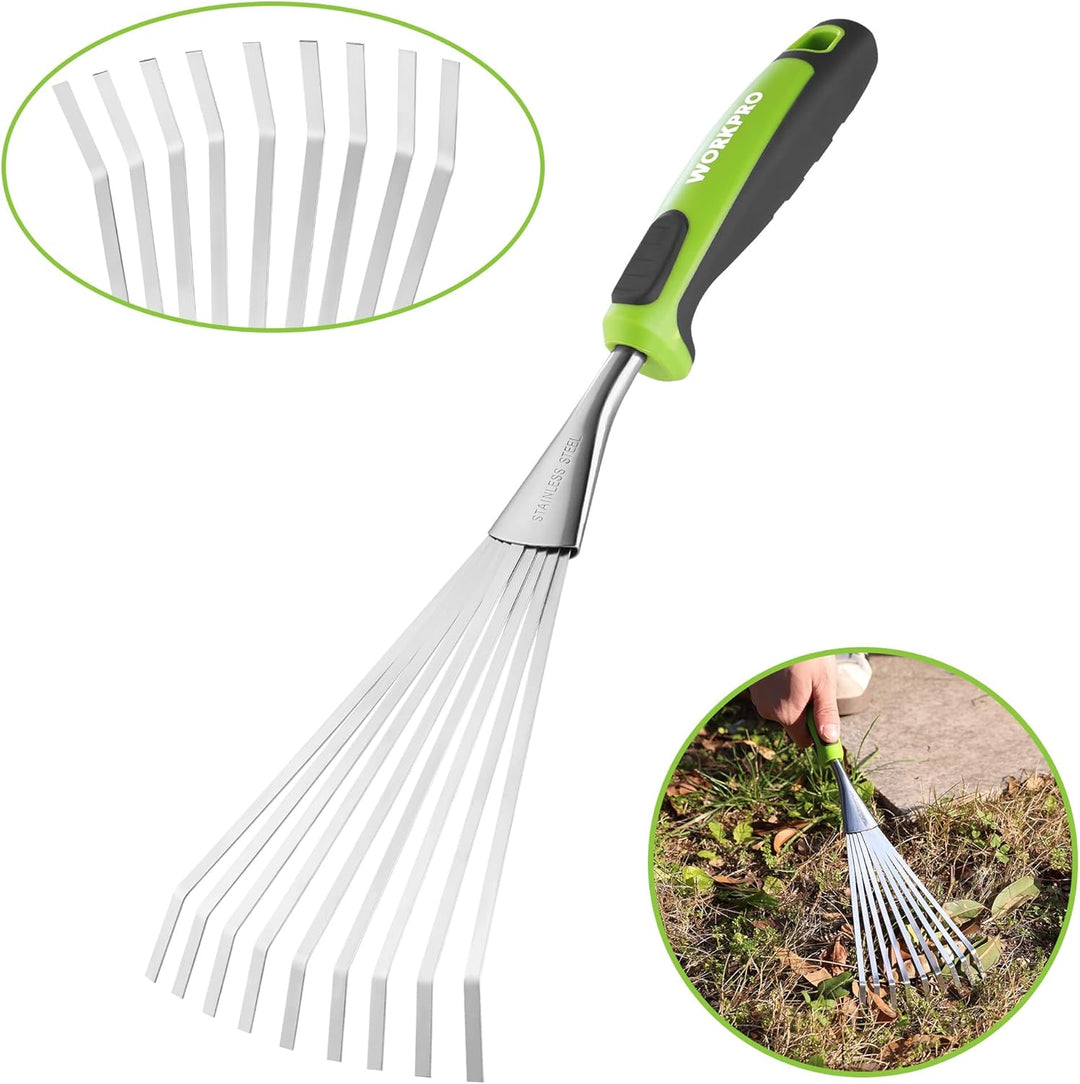WORKPRO 41 cm Handrechen für Laub, 9-Zahn Gartenhandharke, Edelstahl Fächerrechen mit ergonomischem