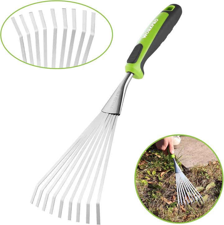 WORKPRO 41 cm Handrechen für Laub, 9-Zahn Gartenhandharke, Edelstahl Fächerrechen mit ergonomischem