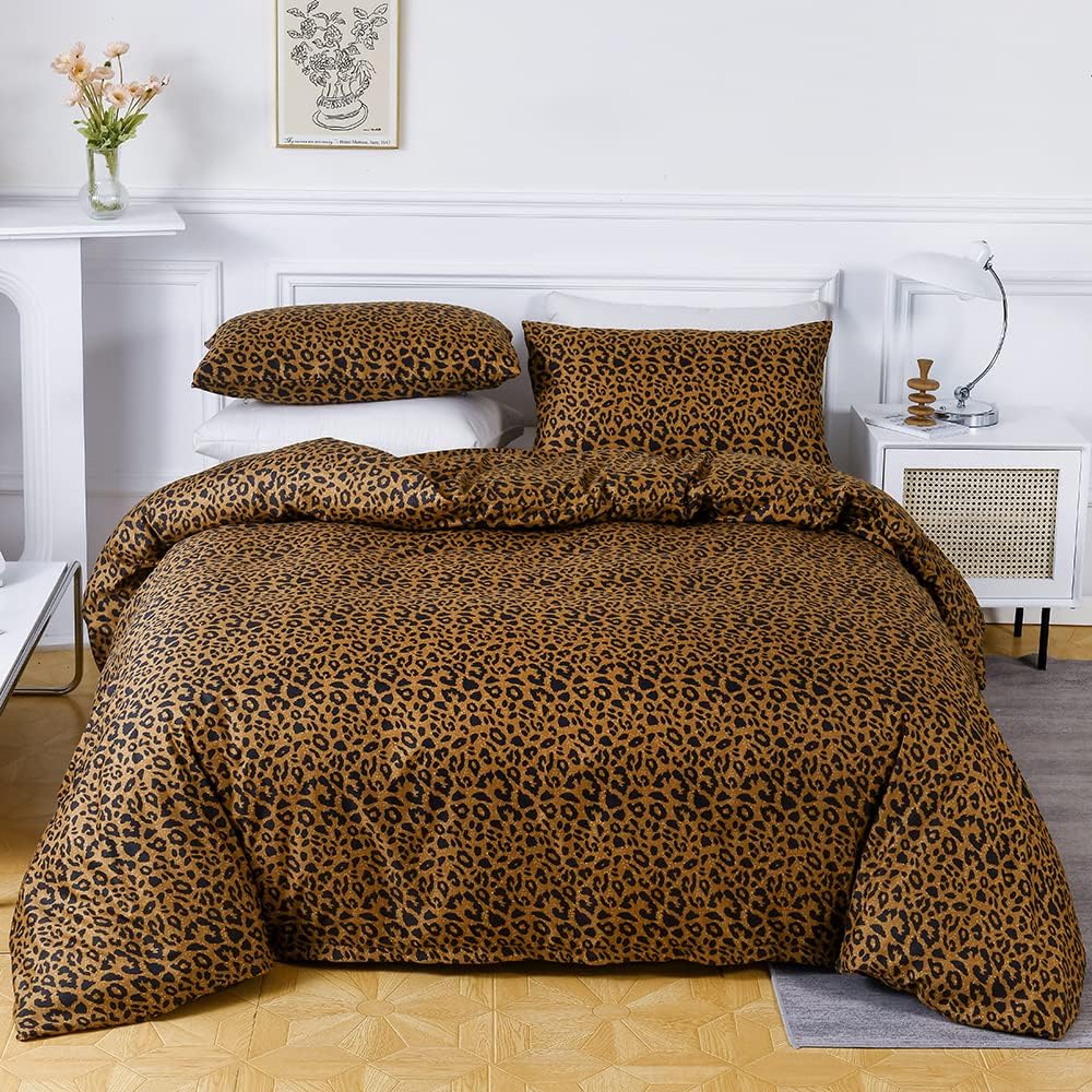 Bettwäsche 135x200 4teilig Leopard Muster Braun Gold Gelb Leopardenmuster Bettwäsche-Sets Leo Microf