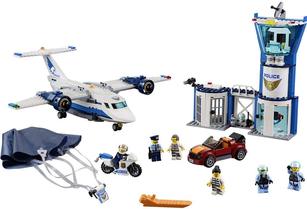LEGO 60210 City Polizei Fliegerstützpunkt, Flugzeug mit Fallschirmjäger Plus Jetpack, Motorrad und A