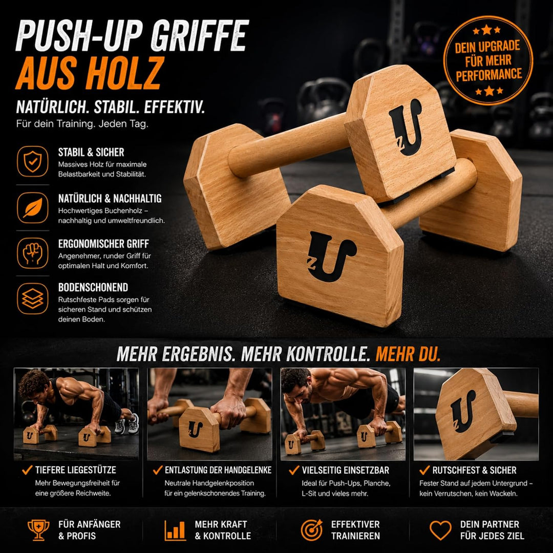 Uzman Parallettes Holz Liegestützgriffe Push Up Bars Calisthenics | Massivholz, rutschfeste Gummifüs