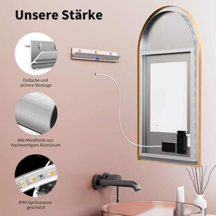 HOKO LED Badspiegel Bogen Beschlagfrei 60x100 cm / 100x60 cm Hayward mit Goldener Metallrahmen, HOCH