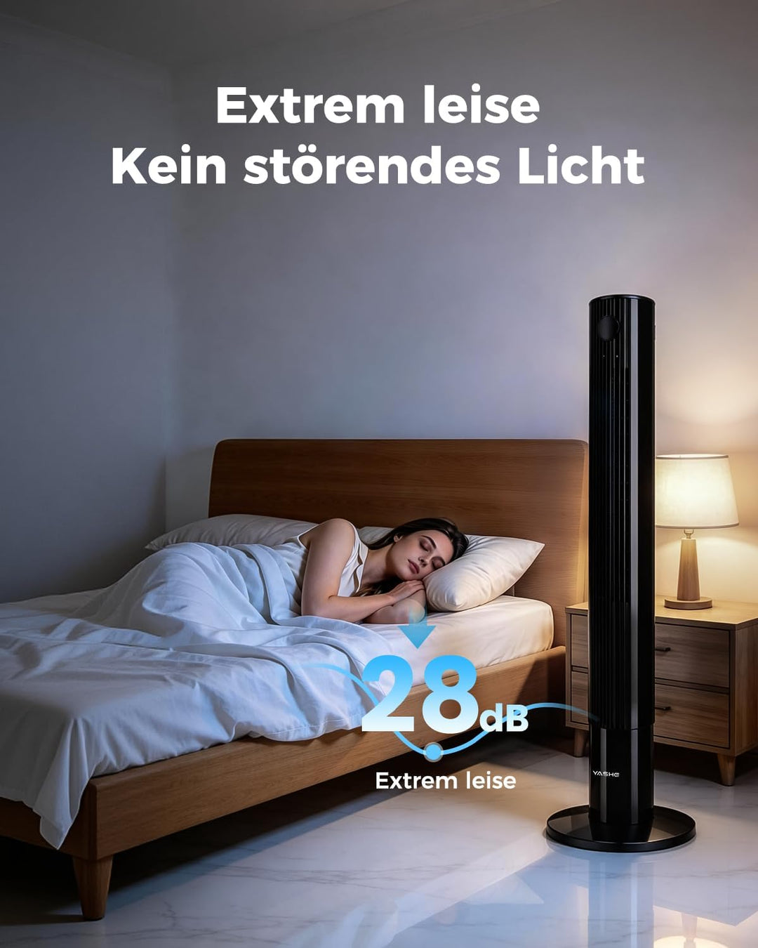 YASHE Turmventilator mit Fernbedienung, 85°-Oszillation, leiser Standventilator (28 dB), 3 Geschwind