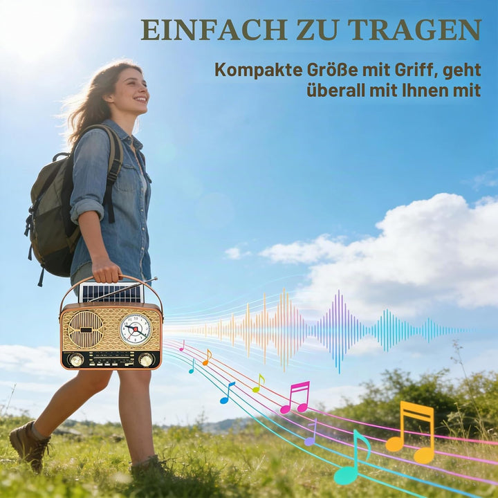 Radio Tragbar AM/FM/SW, Retro Radio, Solar Radio, Bluetooth Lautsprecher, Küchenradio, USB/TF/AUX Fu