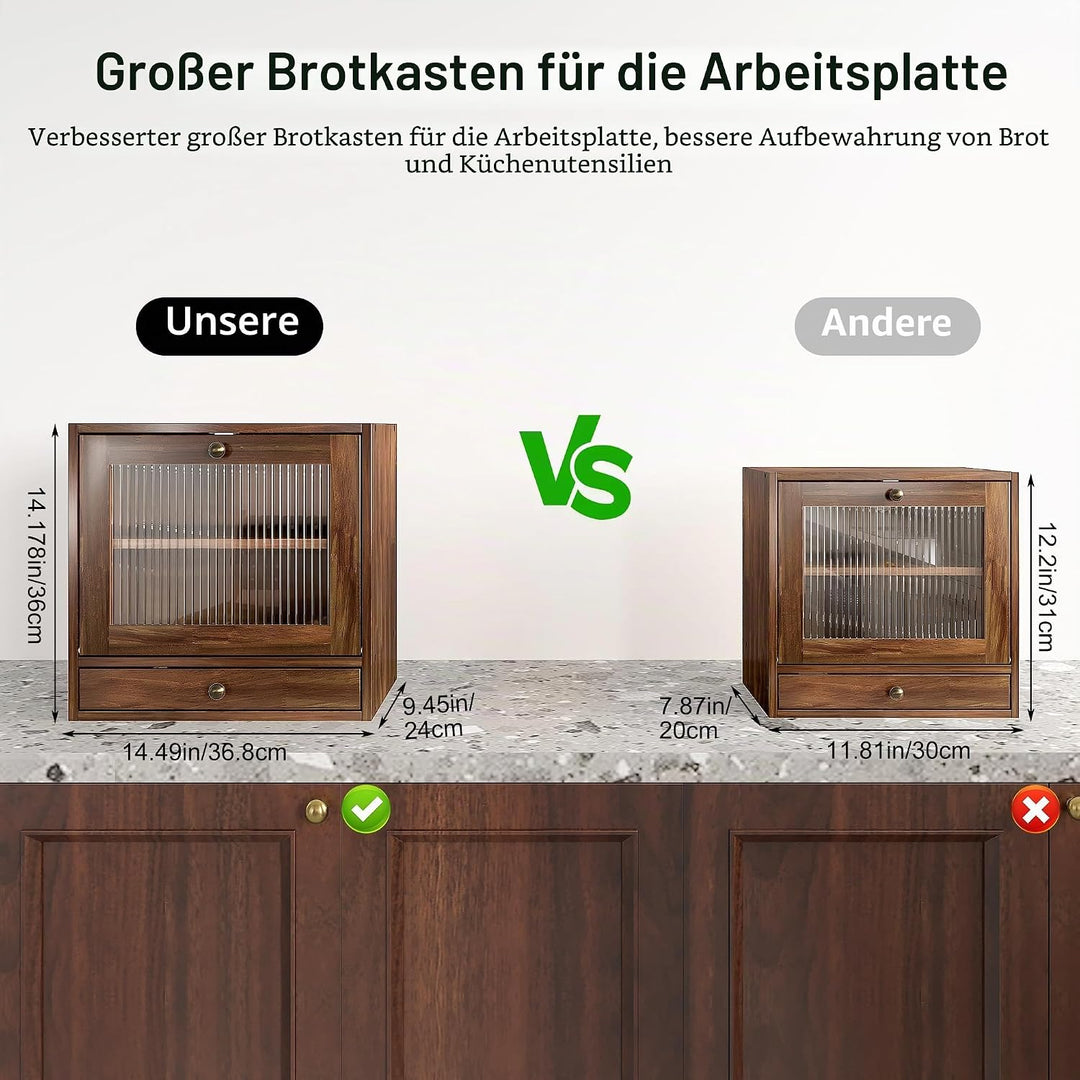 Alpeir Brotkasten Holz Gross 2 Etagen Brotbox mit Magnetisch Acryl Sichtfenster und Schublade, Ecke