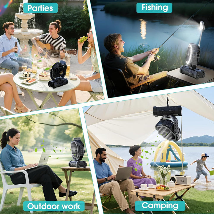 Camping Ventilator 20000mAh, Wiederaufladbarer Tischventilator USB Ventilator mit LED Licht & Haken,