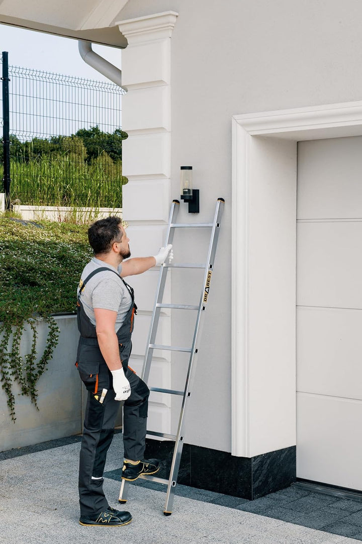 DRABEST PRO Serie Anlegeleiter Aluminium-Stufenleiter - 7 Stufen - mit Leiterhaken - Tragfähigkeit 1