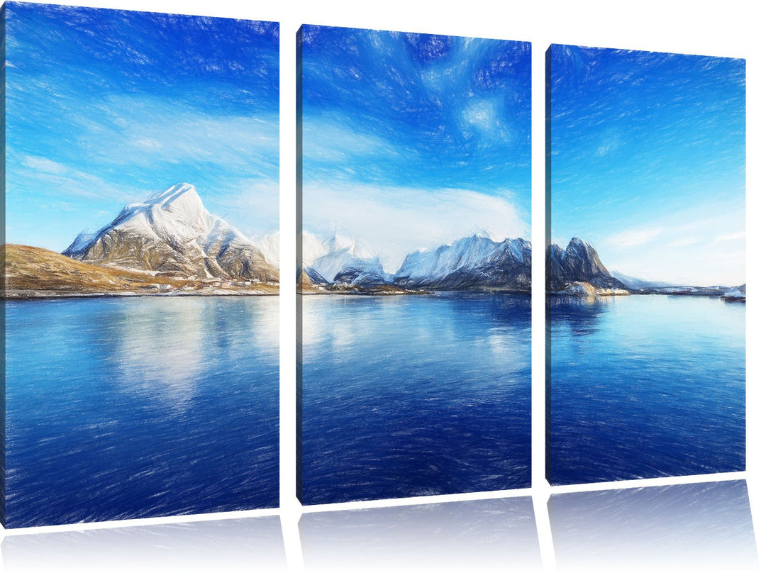 Pixxprint Lofoten in Norwegen Kunst Buntstift Effekt 3-Teiler Leinwandbild 120x80 Bild auf Leinwand