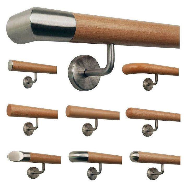 TIBU Buche Geländer Handlauf Treppe Holz Griff gew. Edelstahlhalter, Länge 30 - 500 cm aus einem Stü