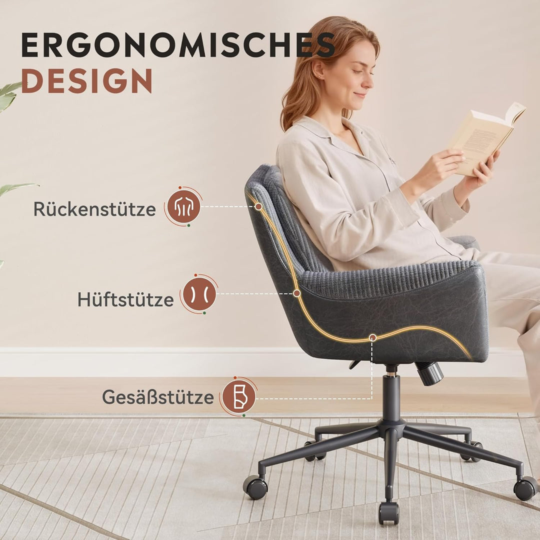 DEVAISE Homeoffice Stuhl Cord Stoff Dunkelgrau, Ergonomischer Schminktischstuhl mit Kissen, höhenver