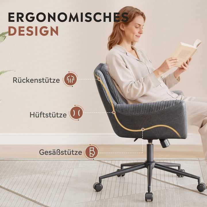 DEVAISE Homeoffice Stuhl Cord Stoff Dunkelgrau, Ergonomischer Schminktischstuhl mit Kissen, höhenver