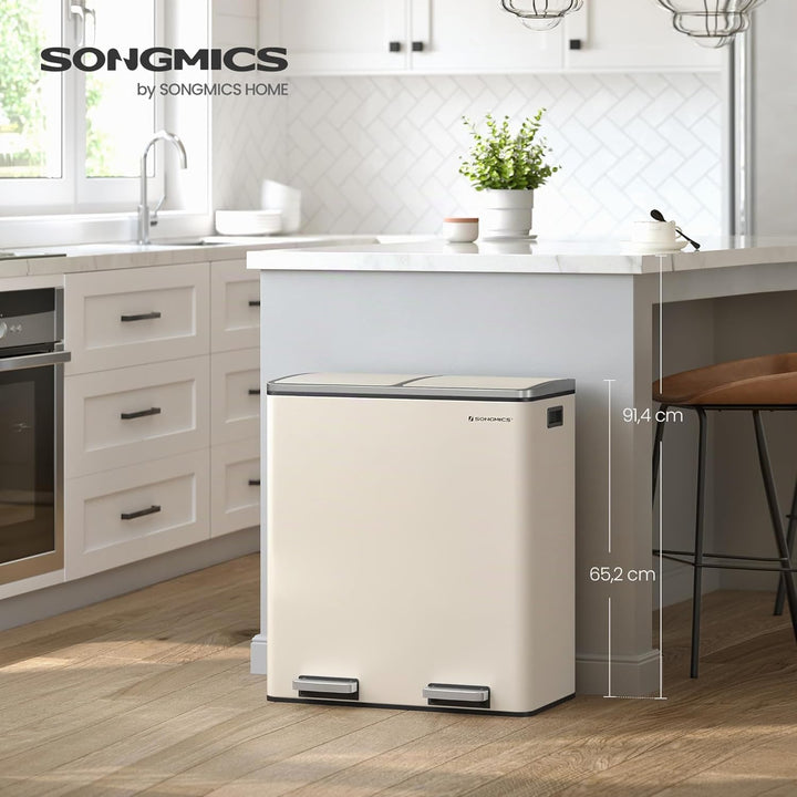 SONGMICS Mülleimer, 2 x 30 Liter, 2 Fächer, Mülltrennsystem, Treteimer, Abfalleimer Küche, 15 Müllsä