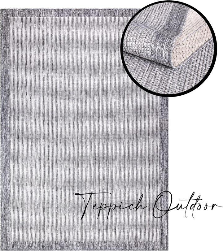 payé Outdoor Teppich Wetterfest - 200x290cm - Grau Weiss - Bordüre - Teppiche für Terrasse Balkon Ga