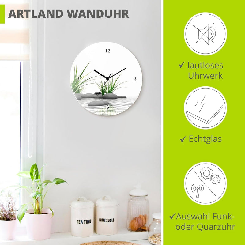 ARTLAND Wanduhr ohne Tickgeräusche Glas Funkuhr Ø 30 cm Rund Lautlos 3 D Steine Steine Funkuhr, Stei