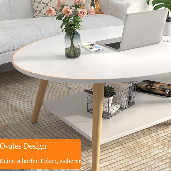 Anmas Power Doppelschicht Couchtisch, Weiss Beistelltische Holz,Wohnzimmertisch Oval,Tischbeine aus