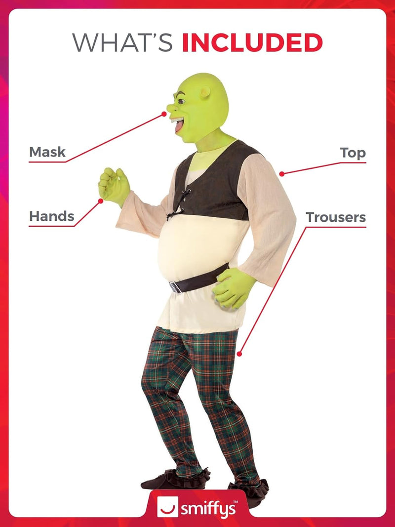 Smiffys Shrek Costume, Green with Top, Trousers, Hands & Mask, Officially Licensed Shrek Fancy Dress