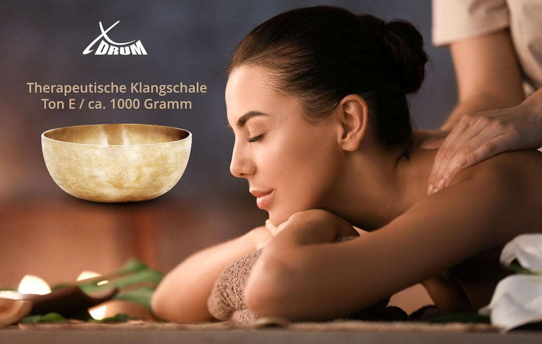 XDrum Therapeutic Klangschale E/1000g Komplett Set - Handgehämmerte Klangschale für Nabelchakra (Man