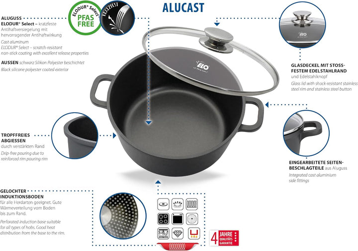 ELO Alucast Kochtopf 16 cm mit Glasdeckel, aus hochwertigem Aluminiumguss - hochwertig, antihaftbesc