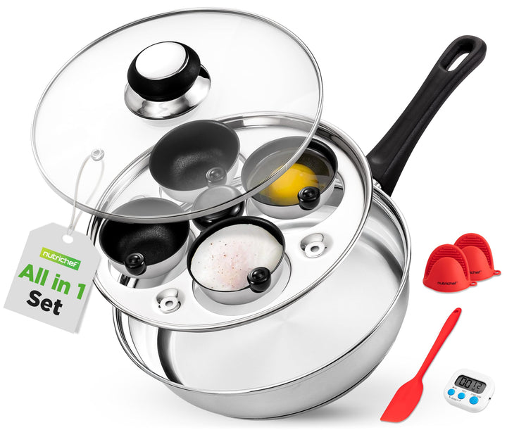 NutriChef Eier Pochierer Edelstahl 20 cm– Eierkocher Für 4 Eier, Pochierte Eier Form, Induktionsgeei