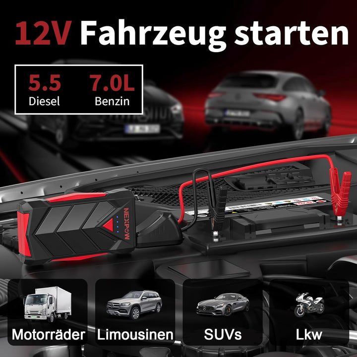 NEXPOW Starthilfe Powerbank, Auto starthilfe für bis zu 7L Gas oder 5,5L Diesel, 12V Starter powerba