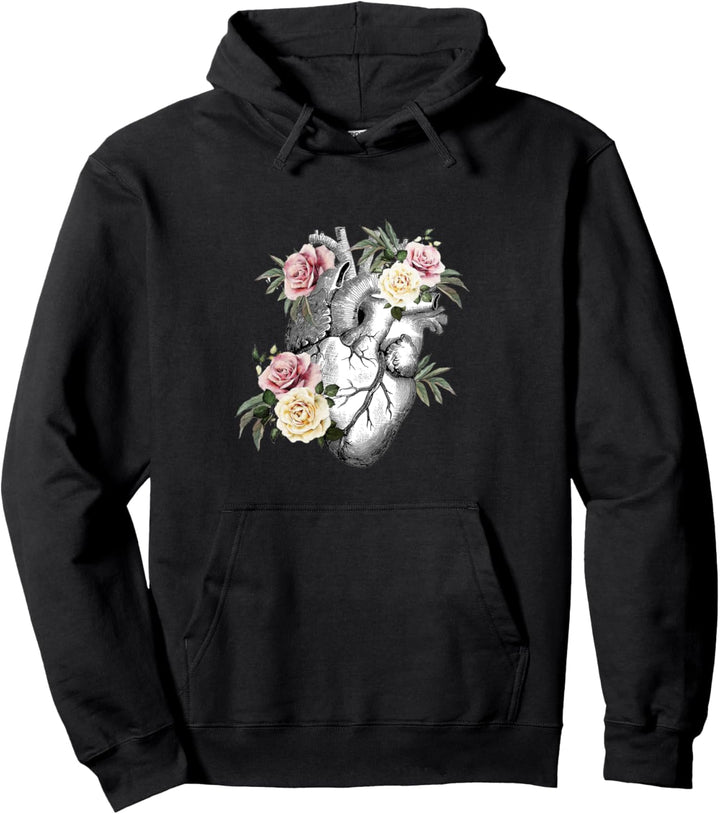 Anatomie Menschenherz mit Rosen, botanisches Herz Pullover Hoodie