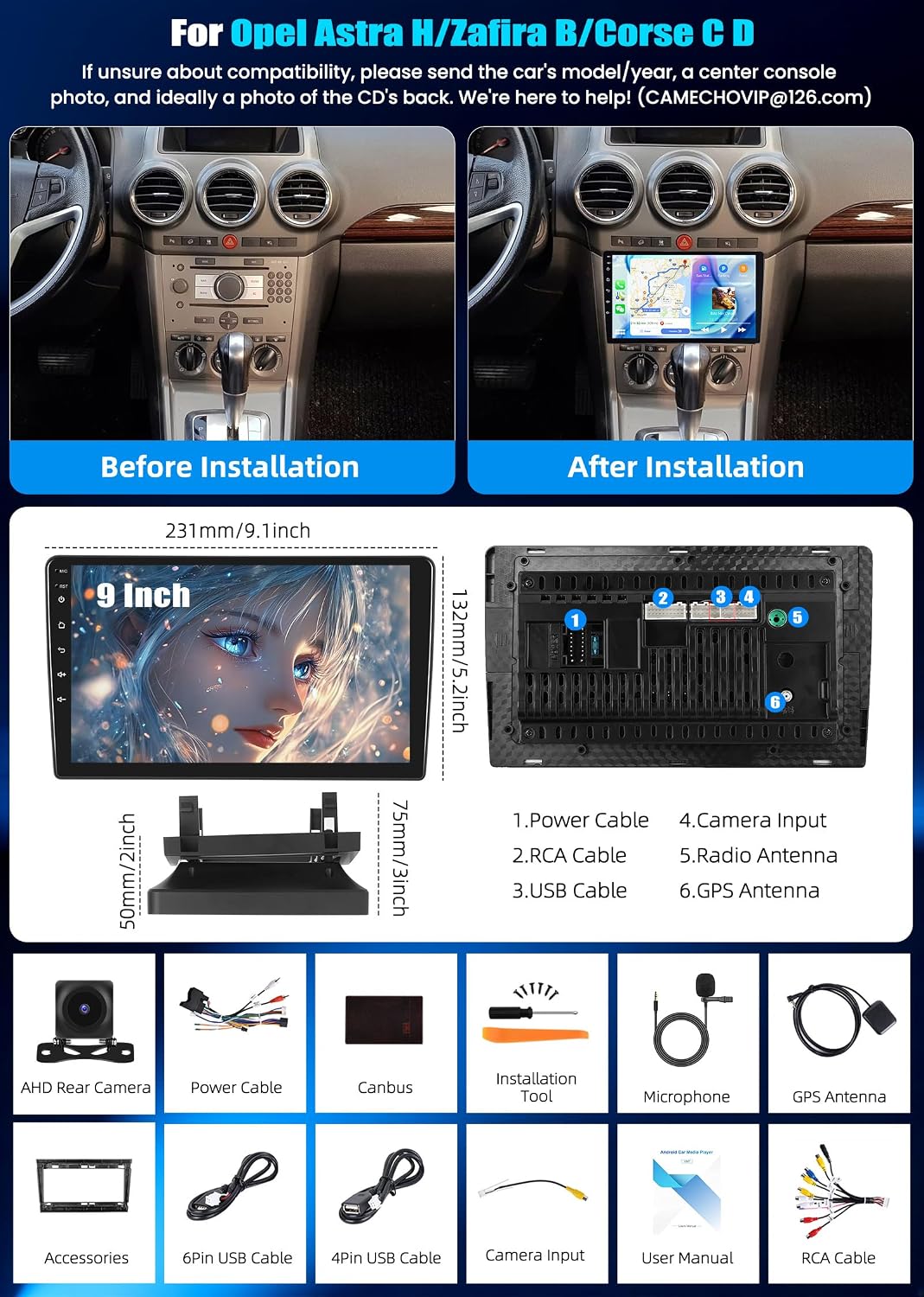 CAMECHO 4+64G Android 15 Wireless Carplay Autoradio für Opel Astra H/Zafira B/Corse C D mit Android