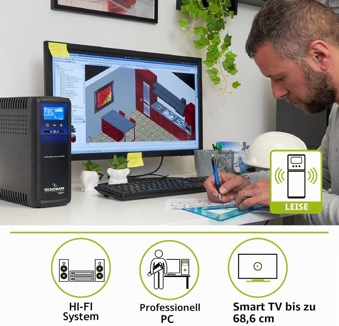 Tecnoware Power Systems - UPS EXA PLUS 1000 , Unterbrechungsfreie Stromversorgung für Gaming-PCs und