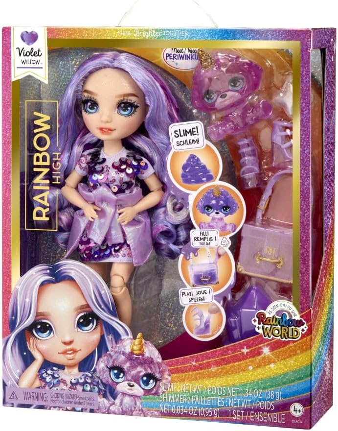 Rainbow High Modepuppe mit Schleim & Haustier - Violet (Lila) - 28 cm Schimmernde Puppe mit Glitzers