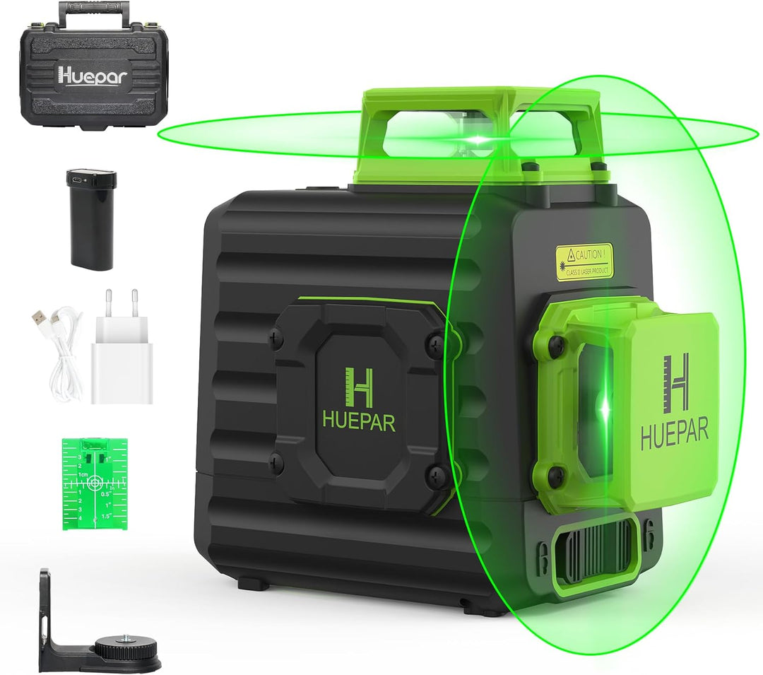 Huepar 2 x 360 Kreuzlinienlaser Grüner Selbstnivellierenden Laser Level, Zwei 360°-Laserlinie, Li-Io
