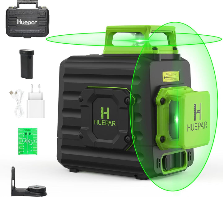 Huepar 2 x 360 Kreuzlinienlaser Grüner Selbstnivellierenden Laser Level, Zwei 360°-Laserlinie, Li-Io