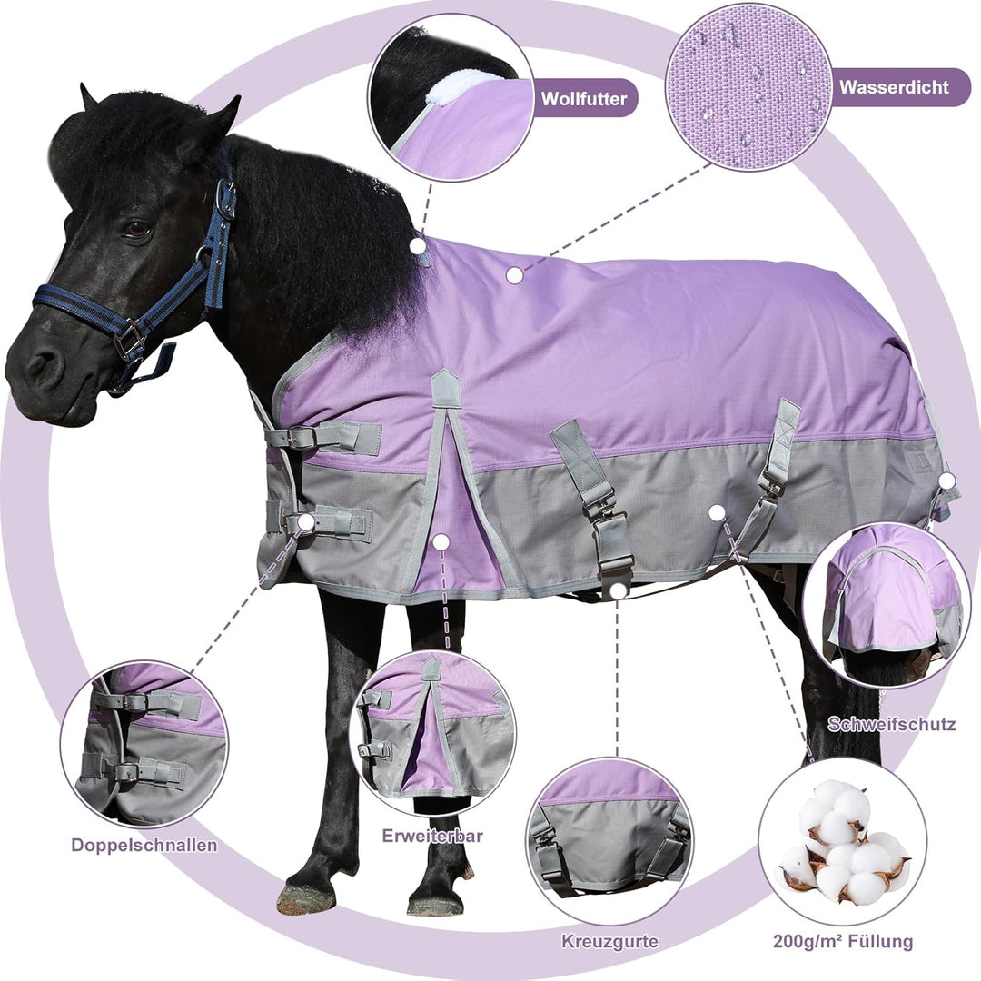 1200D Ponydecke 200g/m² – wasserdichte & Atmungsaktive Regendecke für Ponys, Shetty, Gefütterte Wint