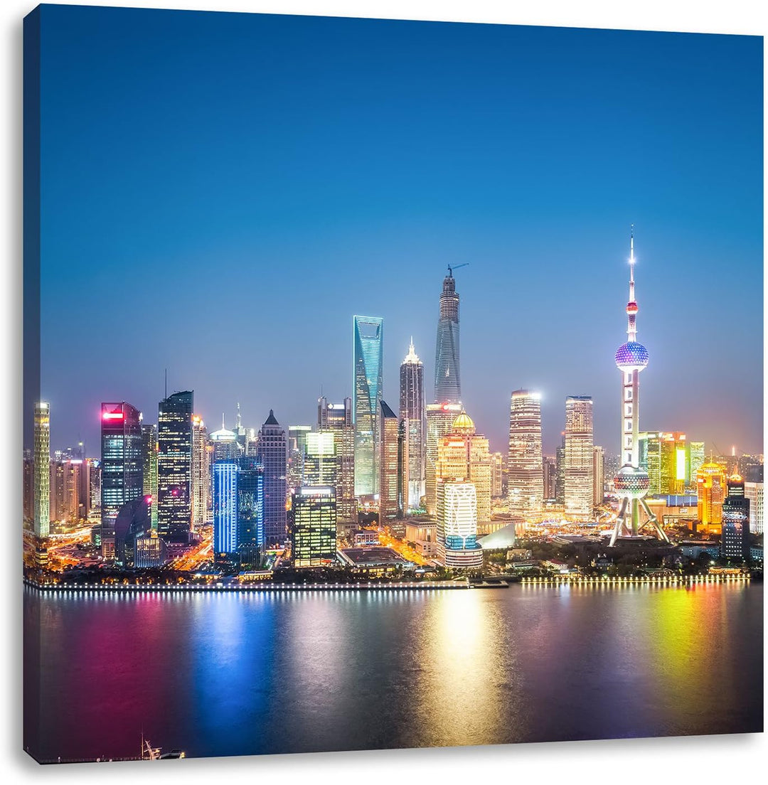 Shanghai Skyline, Format: 70x70 auf Leinwand, XXL riesige Bilder fertig gerahmt mit Keilrahmen, Kuns