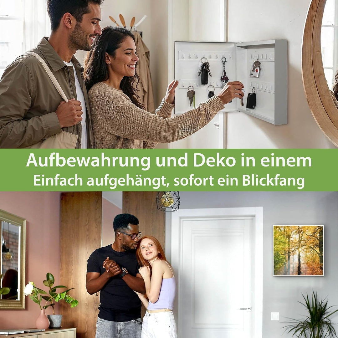 banjado® Grosser Schlüsselkasten Glas/Schlüsselbox 30cm x 30cm mit 50 Haken - Motiv Herbstwald/Schlü