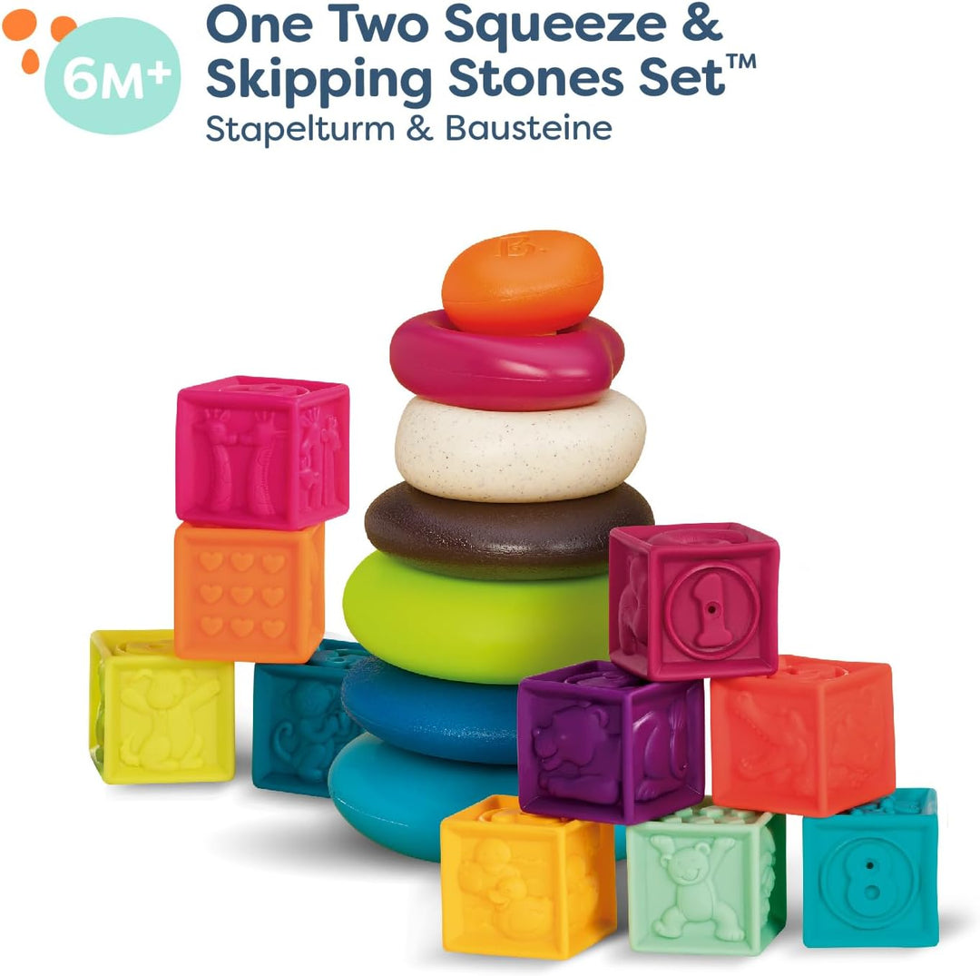 B. toys - One Two Squeeze & Hüpfsteine Set - Baby-Blöcke & Stapel-Ringe - 10 nummerierte Blöcke und