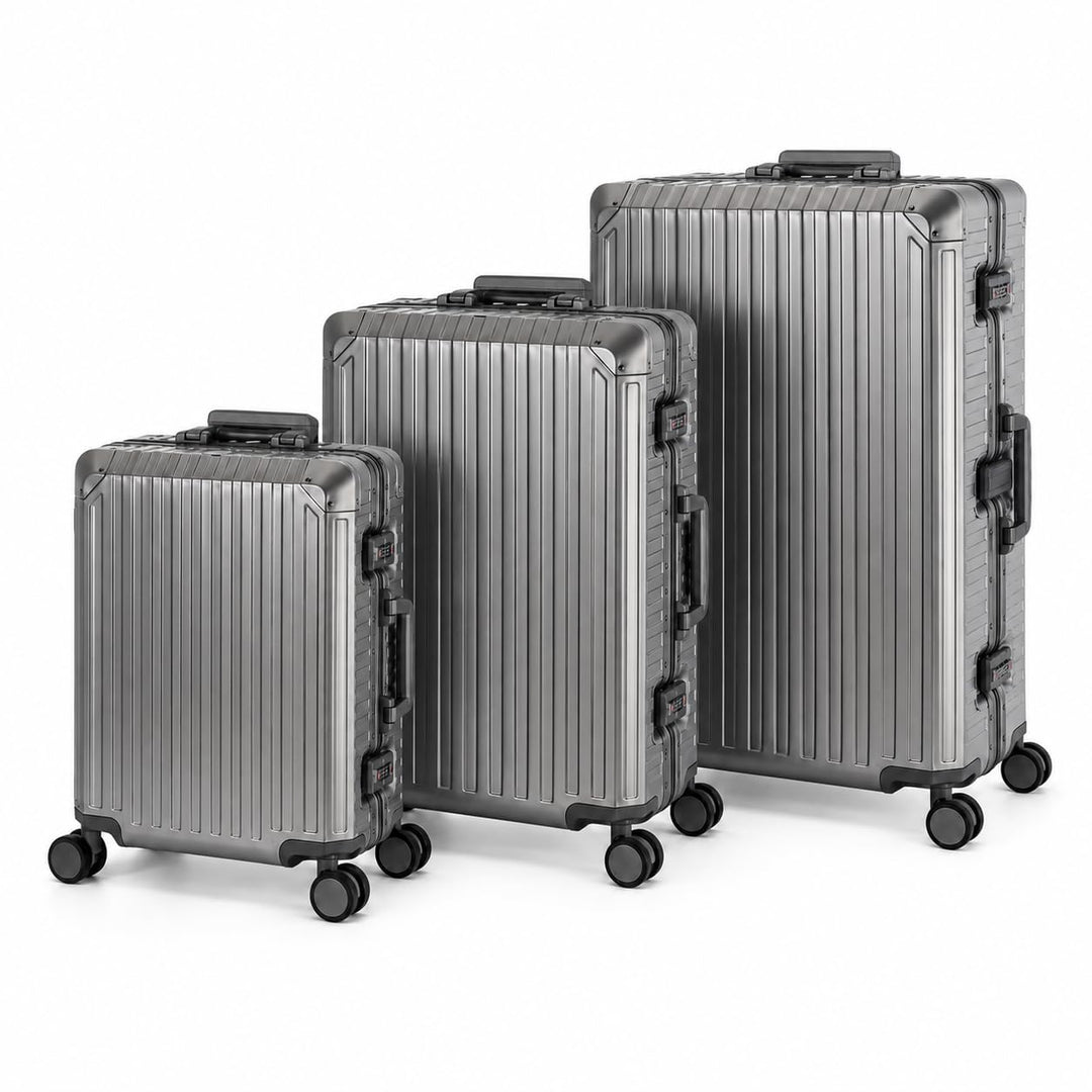 Travelhouse® Tokyo Aluminium Reisekoffer Set, 3 Trolleys 55cm + 65cm + 77cm mit 4 Doppelrollen, 100%