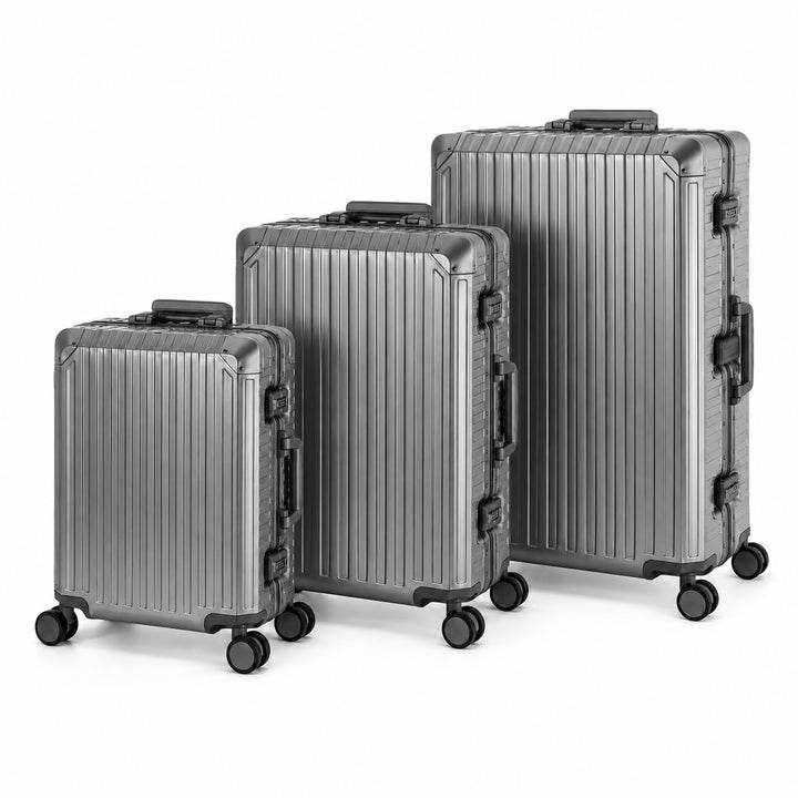 Travelhouse® Tokyo Aluminium Reisekoffer Set, 3 Trolleys 55cm + 65cm + 77cm mit 4 Doppelrollen, 100%