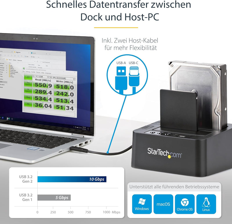 StarTech.com USB 3.1 (10Gbit/s) Festplatten Duplikator Dock für 2,5" & 3,5" SATA SSD Festplatten + 4