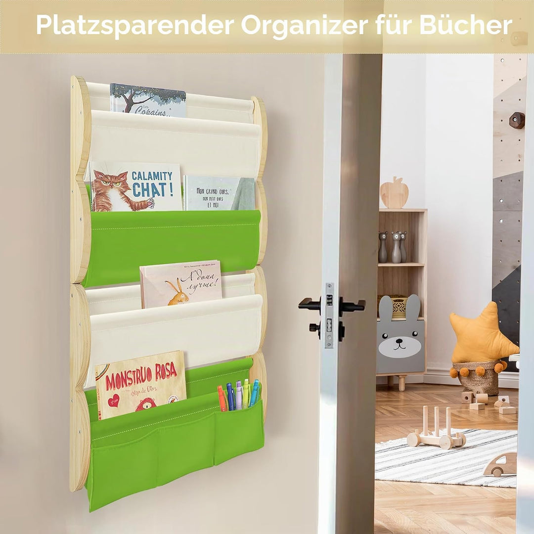 Bücherregal Kinder Wand Kinderbücherregal Montessori mit 4 Ablagen & 3 Taschen Kinderregal Wandregal