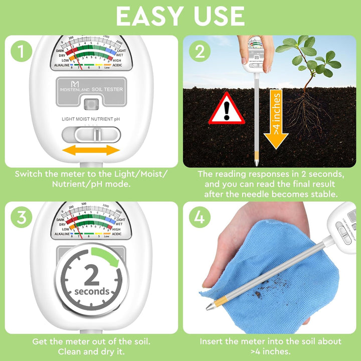 [Upgraded] Bodenfeuchtigkeitsmesser, 4-in-1 Boden-pH-Tester, Bodenfeuchtigkeit/Licht/Nährstoff/pH-Me