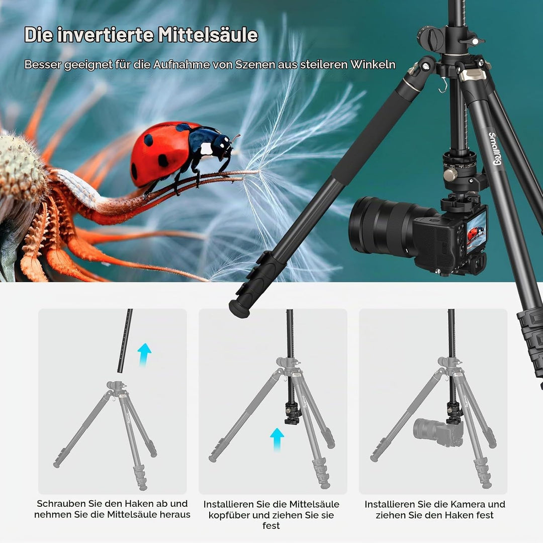 SMALLRIG 73 Zoll Kamerastativ, 360° drehbare Mittelsäule, horizontales Stativ Einbeinstativ, mit Sma