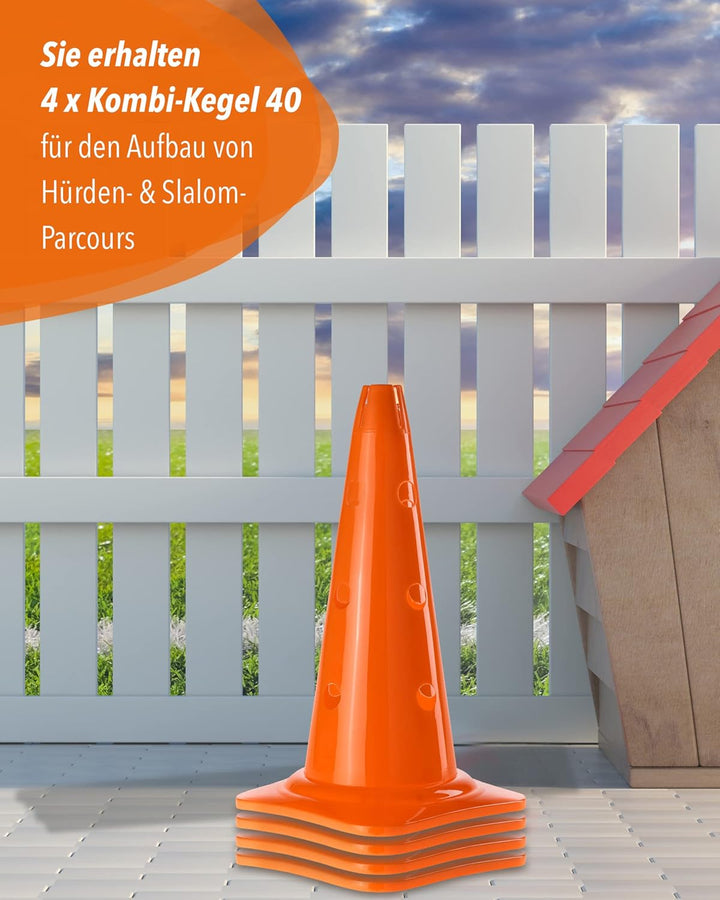 Kombi Kegel 40 – 4er Set – für den Aufbau von Hürden- oder Slalom-Parcours für Agility-Training – Sp