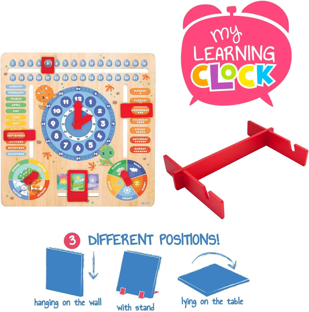 CRAZE My Learning Clock Dino ENGLISCHE SPRACHE - Lernuhr Kinder Holz, Kalenderuhr zum Lernen für Kin