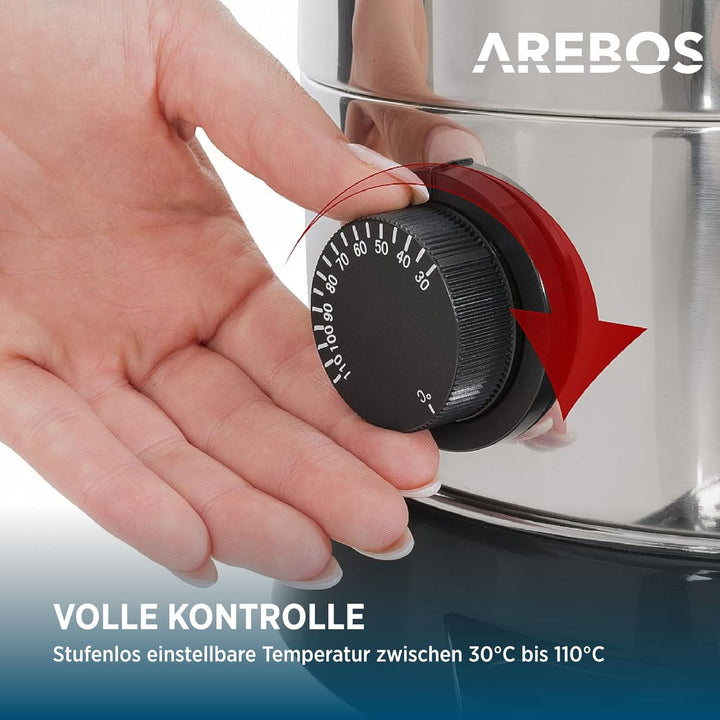 Arebos Glühweinkocher 950 W | Heissgetränkespender | 6,8 L | mit Auffangschale, Auslasshahn, Thermos