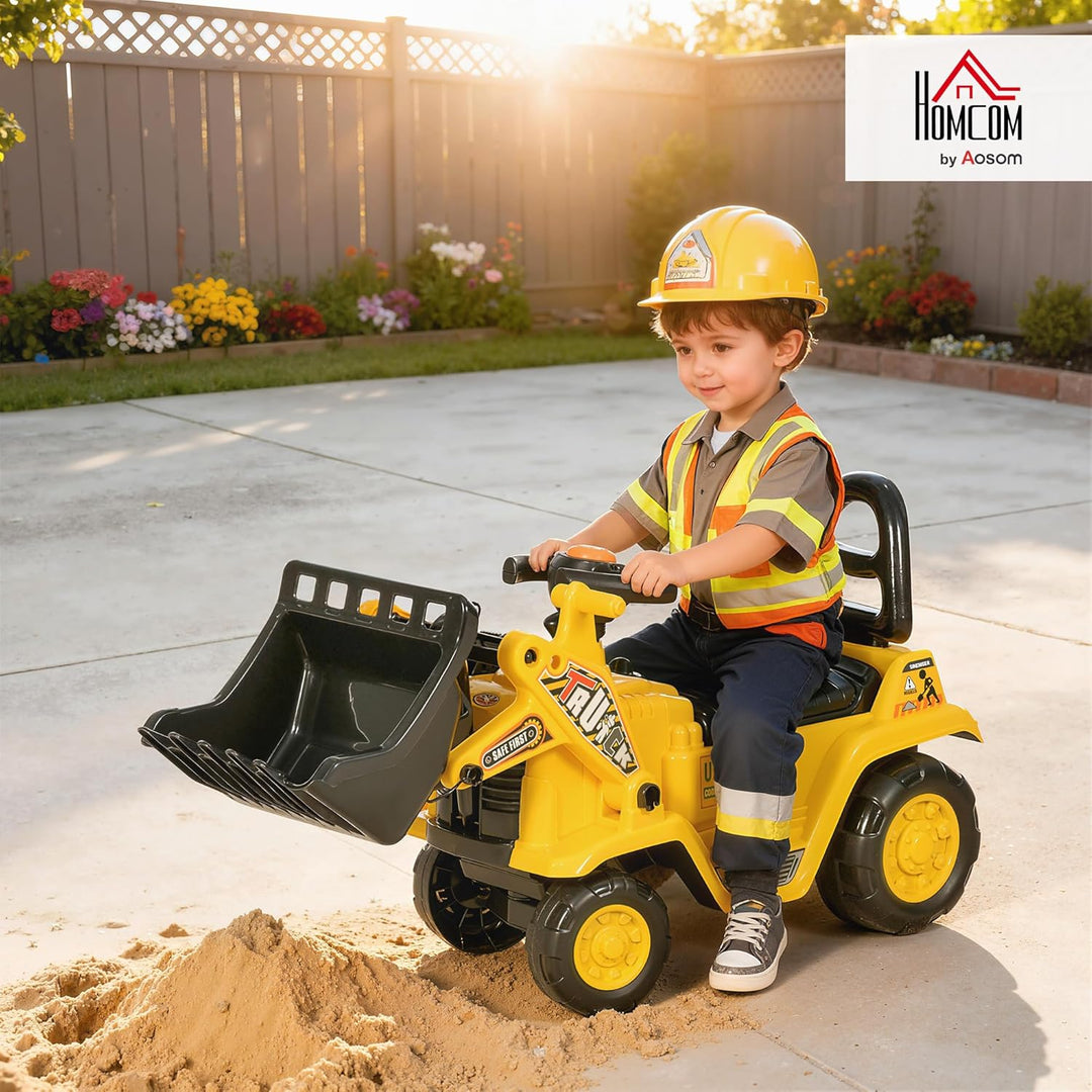 HOMCOM Sitzbagger mit eingebautem Ablagefach Kinder Rutschauto Traktor Kinderbagger mit Hupe Rutsche