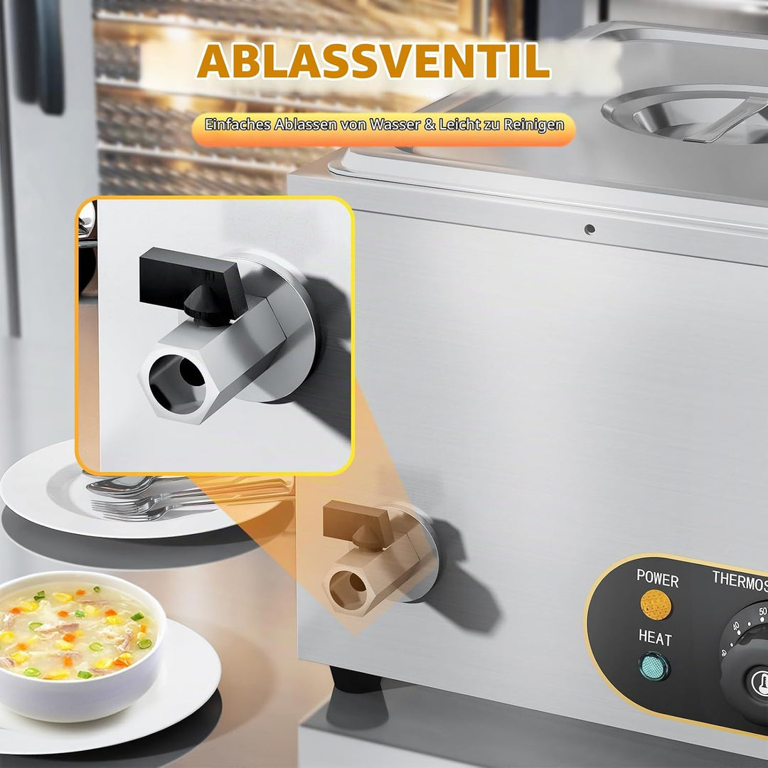 Elektrische Speisenwärmer Bain Marie Gastro GN-Behältern Warmhalter Edelstahl mit Ablaufhahn Elektri